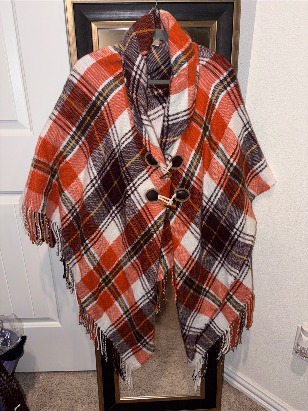 Cato Orange Brown Cream Plaid Toggle Poncho With Fringe